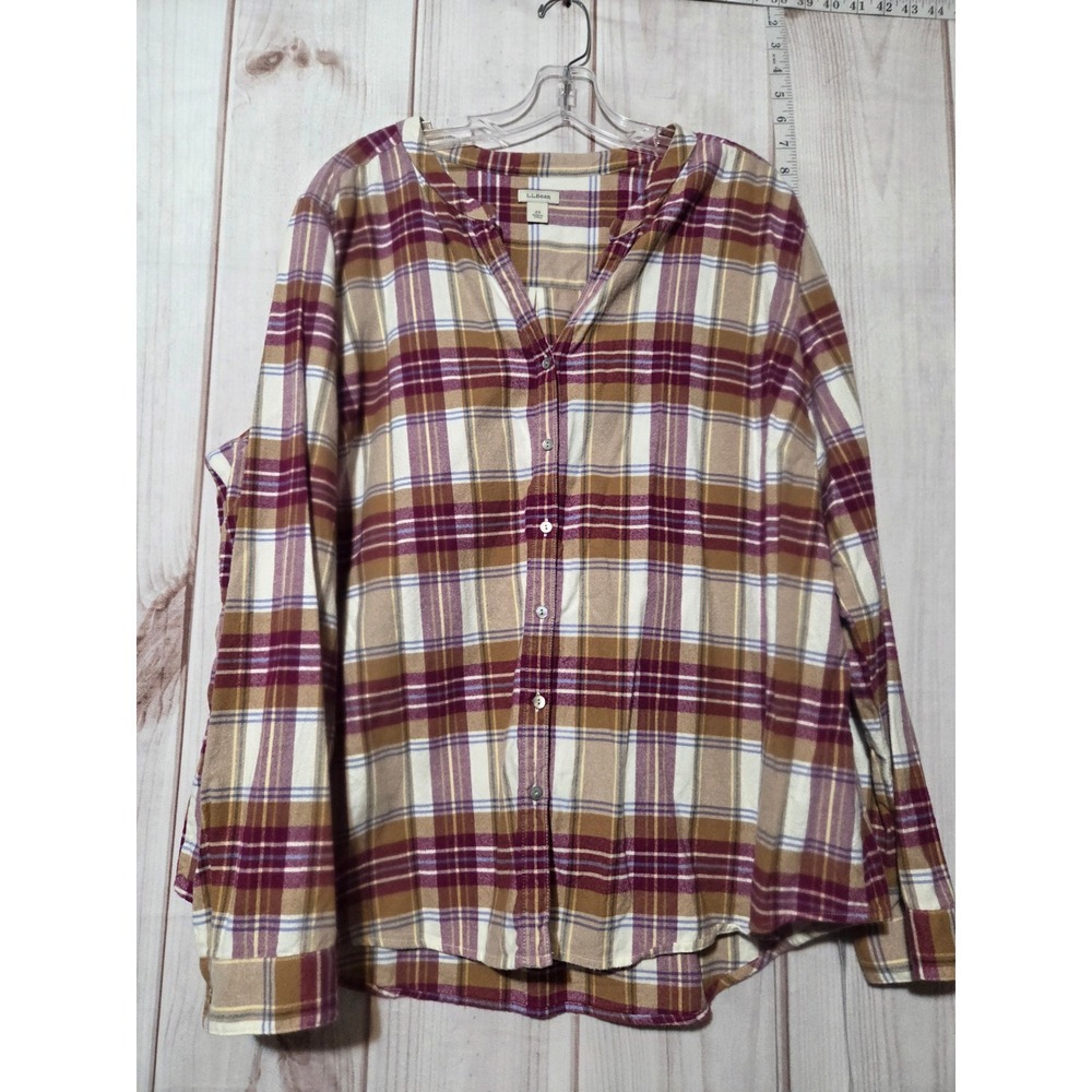 L L Bean Plaid Flannel Button Up Shirt Women's 2X‎ Burgundy Tan White Blue